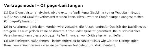 Ausschnitt eines Vertragstextes zu Offpage-Leistungen wie Backlink-Analyse, Optimierung und Abstimmung mit dem Kunden.