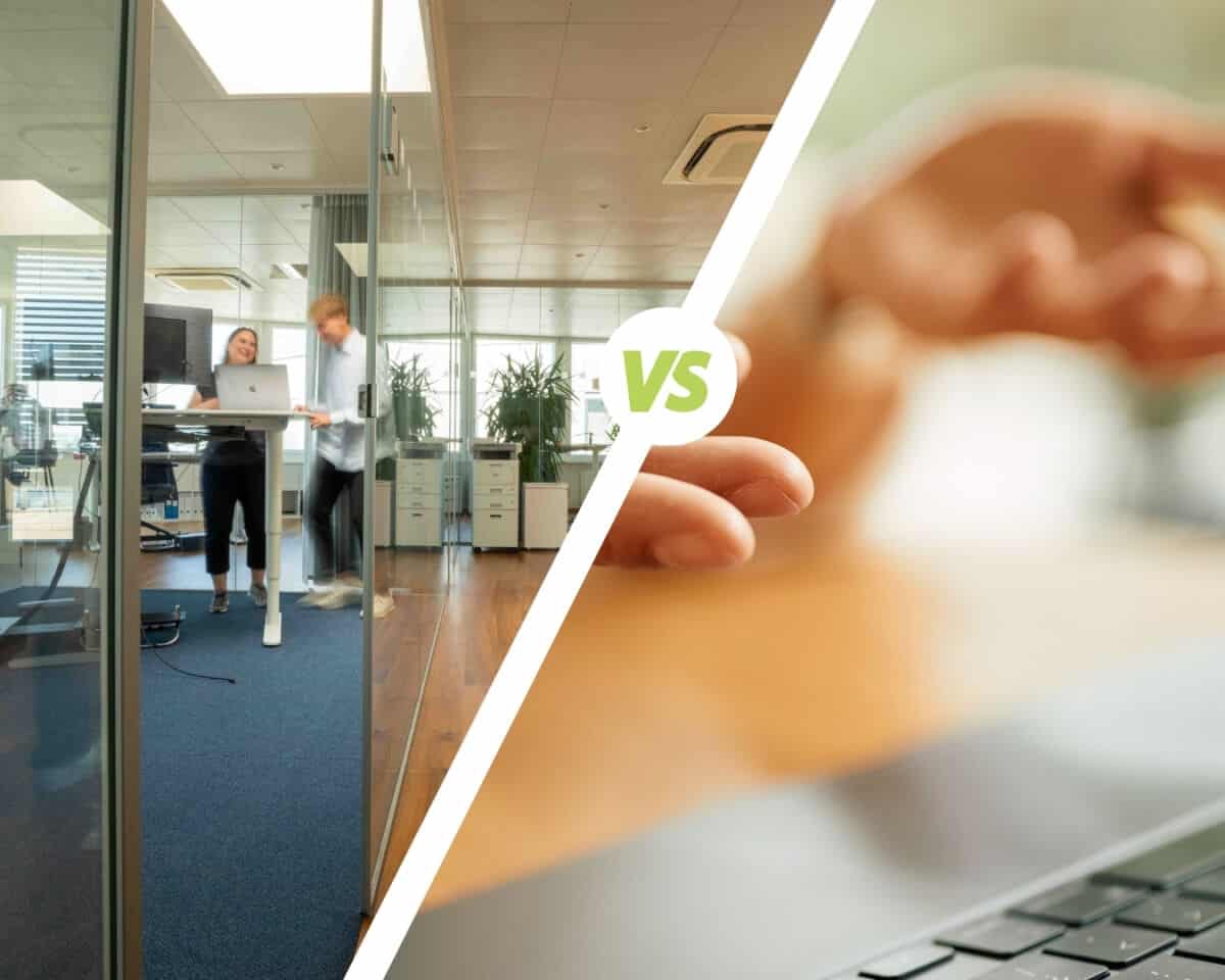 Geteiltes Bild mit einem VS-Symbol. Links stehen Karin und Sandro. Rechts ist eine Nahaufnahme von einer Hand über einer Tastatur.
