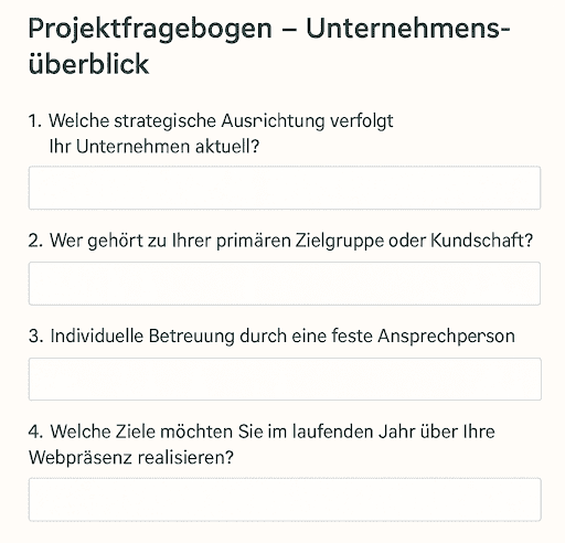 Projektfragebogen mit Fragen zur strategischen Ausrichtung, Zielgruppe, Betreuung und Webzielen eines Unternehmens.
