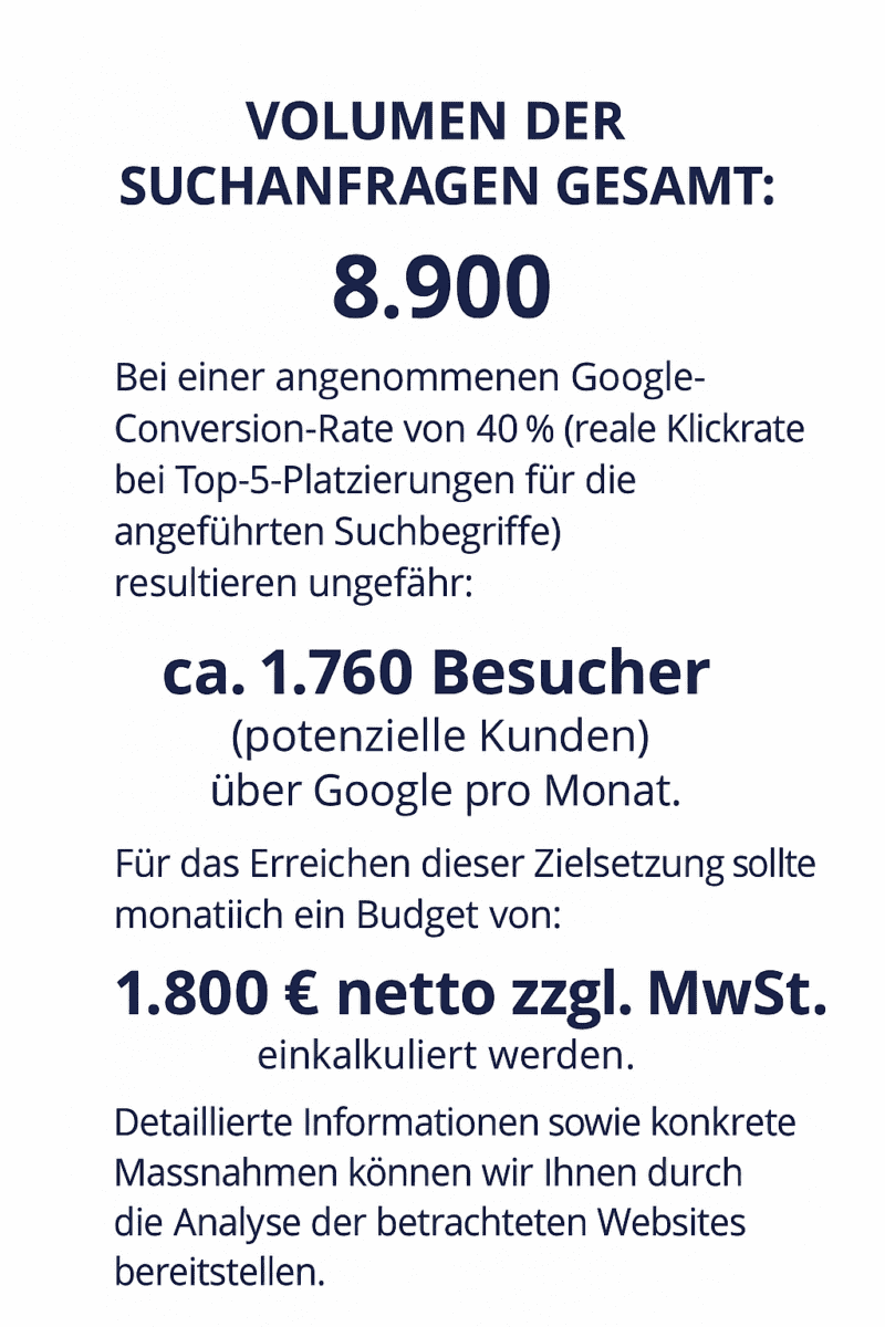 Infografik zu Suchvolumen, Besucherpotenzial und empfohlener Budgethöhe für Google-Optimierung.