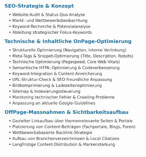 Liste zentraler SEO-Leistungen zu Strategie, OnPage-Optimierung sowie OffPage-Massnahmen.