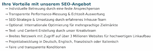 Liste der Vorteile des SEO-Angebots.