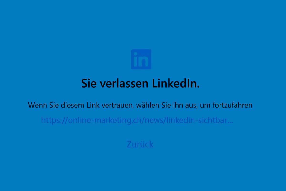 Hinweisseite von LinkedIn, dass ein externer Link geöffnet wird.