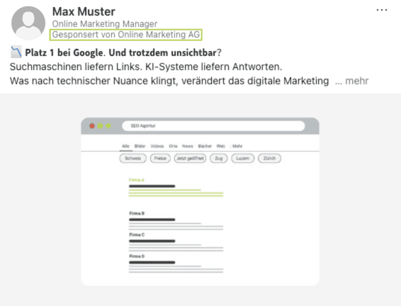 LinkedIn-sichtbar-werden-sichtbar-bleiben_fremde-beiträge.boosten-beispiel LinkedIn-Post mit einer SEO-Suchergebnis-Grafik.