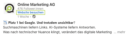 LinkedIn-Post der Online Marketing AG mit Vorschau auf einen Artikel zum Thema Google-Rankings.