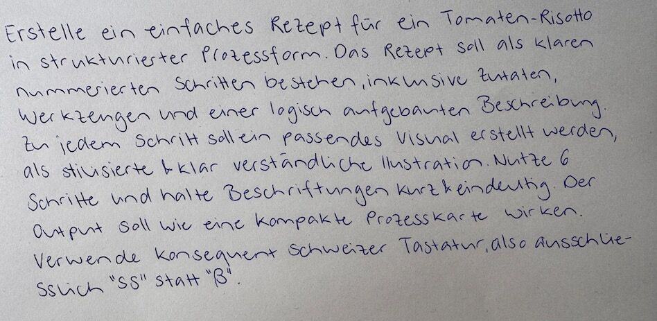 Handschriftliche Notiz mit einer Anleitung zur Erstellung eines strukturierten Tomatenrisotto-Rezepts für ein Visual.